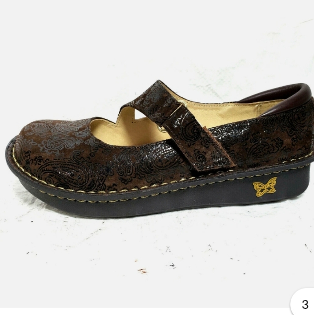 Alegria Brown Paisley Mary Jane Platform Shoe with Gold Butterfly Accent